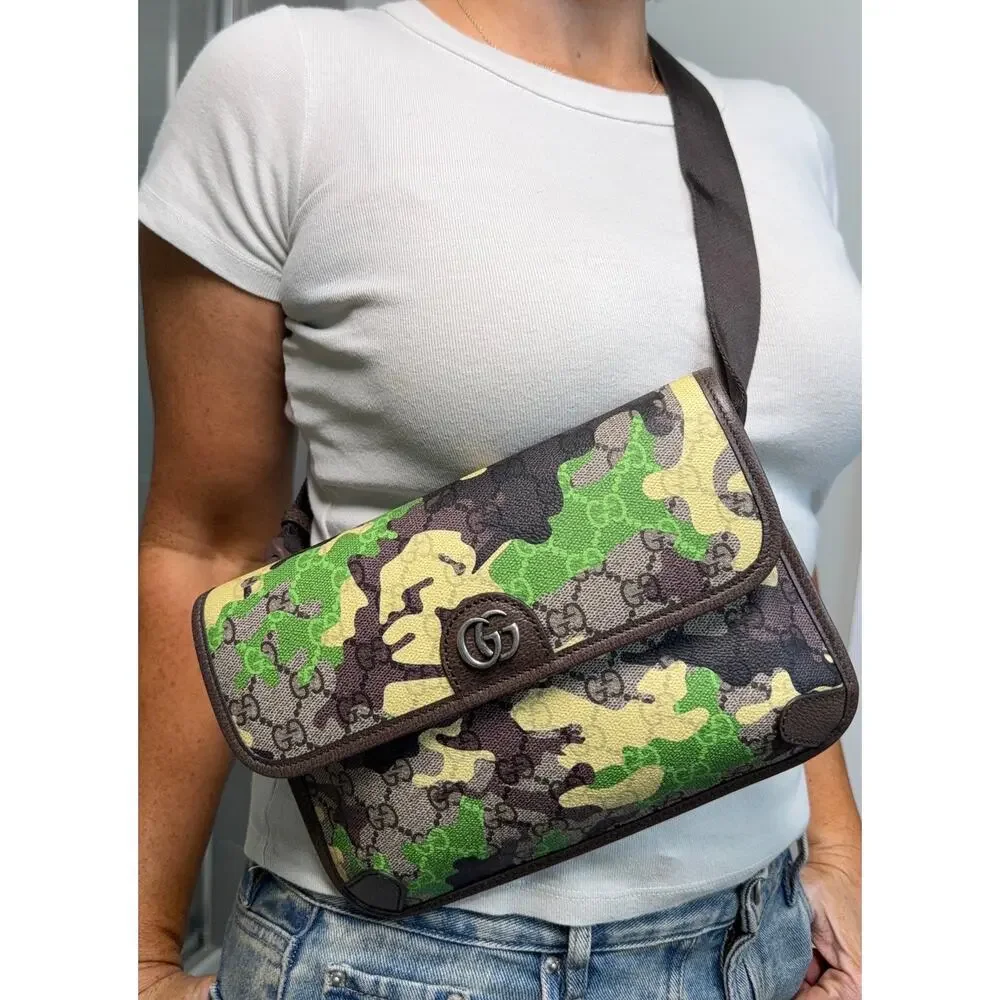 Gucci GG Supreme Camouflage Green Yellow Camo Belt Bag Crossbody Clutch 90 NWT